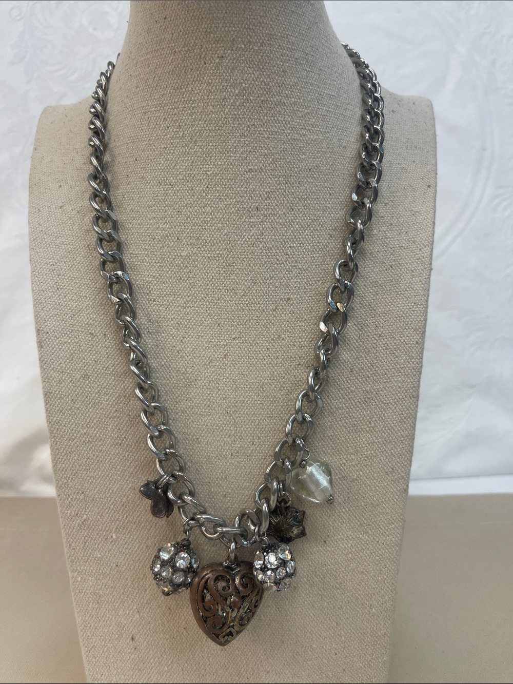 torrid Silver-Tone Heart Charm Necklace with Crystal and Bronze Accents
